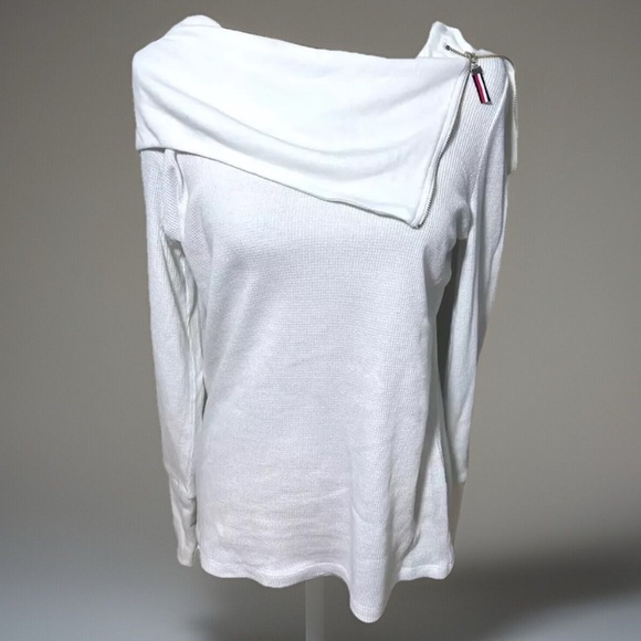Tommy Hilfiger White Long Sleeve Top size M Zip Cowl Neck Winter Thermal Shirt - Picture 4 of 8